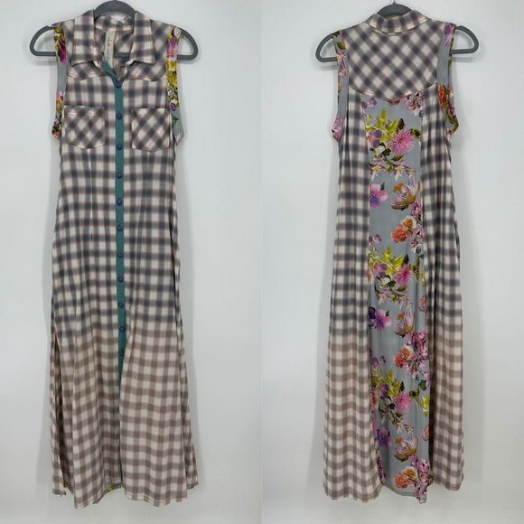 Anthropologie Plaid and Floral Maxi Dress - Black, White, Blue, Multicolor - Picture 2 of 12